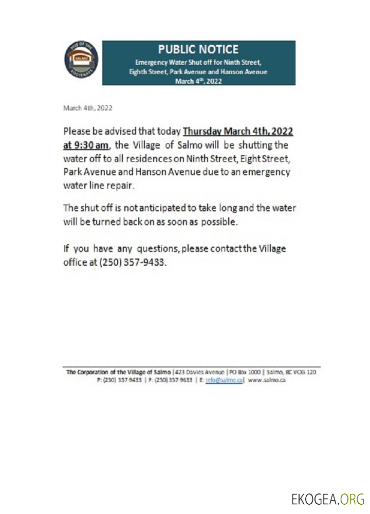 Canada British Columbia Hub of the Salmo Kootenays utility shut off notice